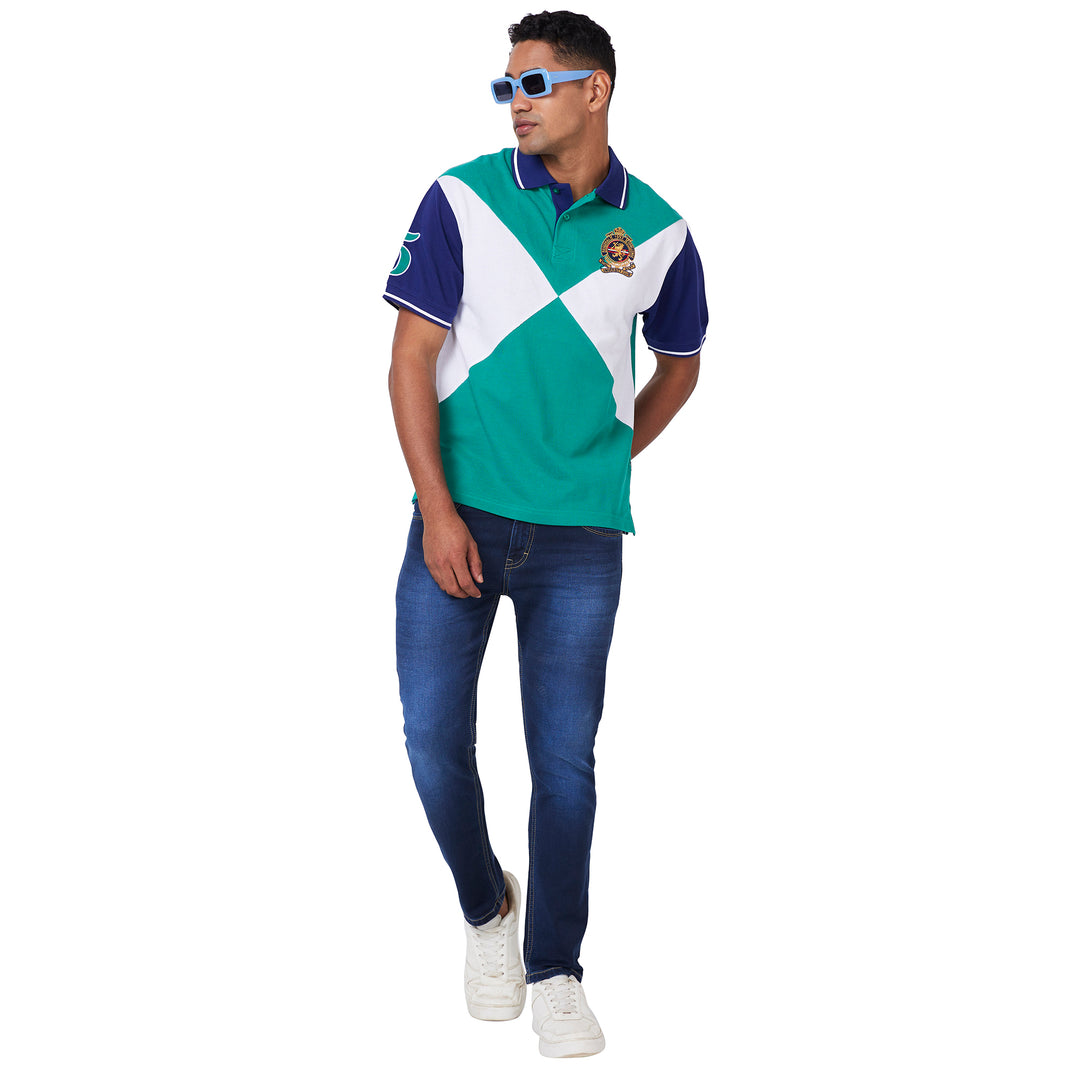 Men's Cut & Sew Polo T-Shirt with Crest Embroidery – Premium Cotton Casual Wear