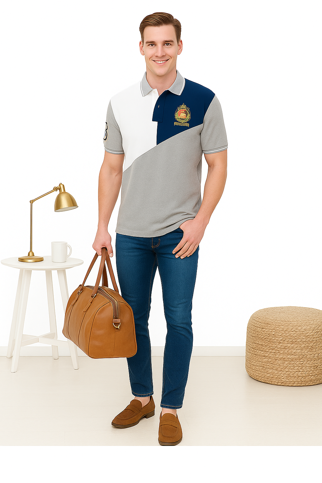Men’s Cut & Sew Crest Polo T-Shirt – Stylish Tri-Color Embroidered Collar Tee