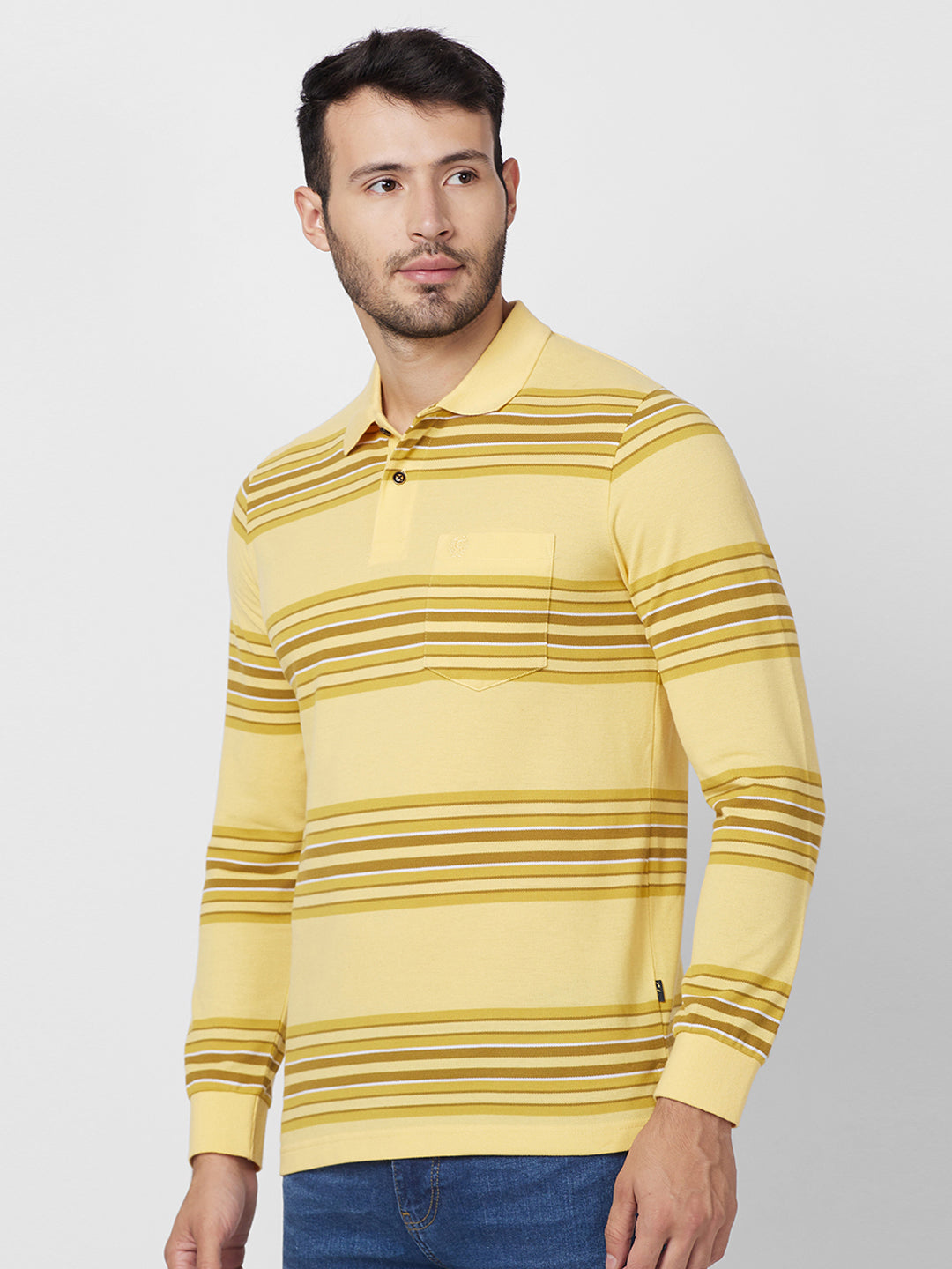 Men's Striped Long Sleeve Pique Polo Cotton Blend T-Shirt