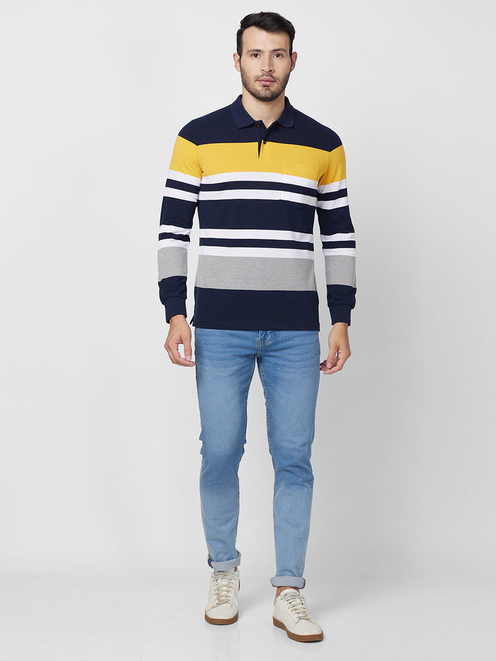 Men's Full Sleeve Striped Pique Polo Cotton Blend T-Shirts