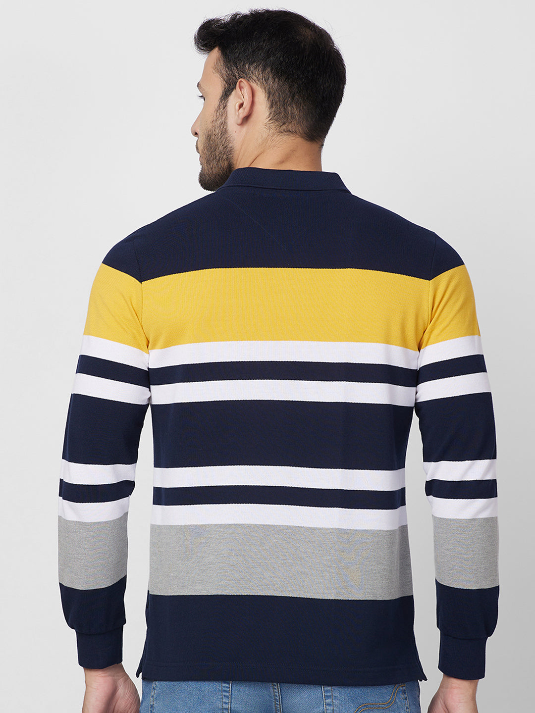 Men's Full Sleeve Striped Pique Polo Cotton Blend T-Shirts