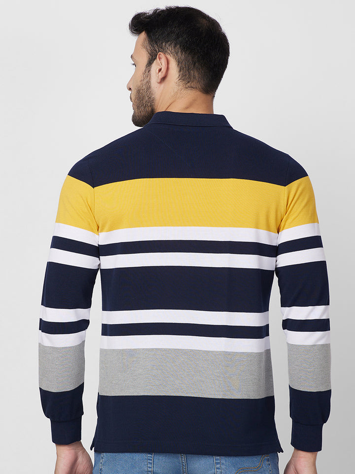 Men's Full Sleeve Striped Pique Polo Cotton Blend T-Shirts