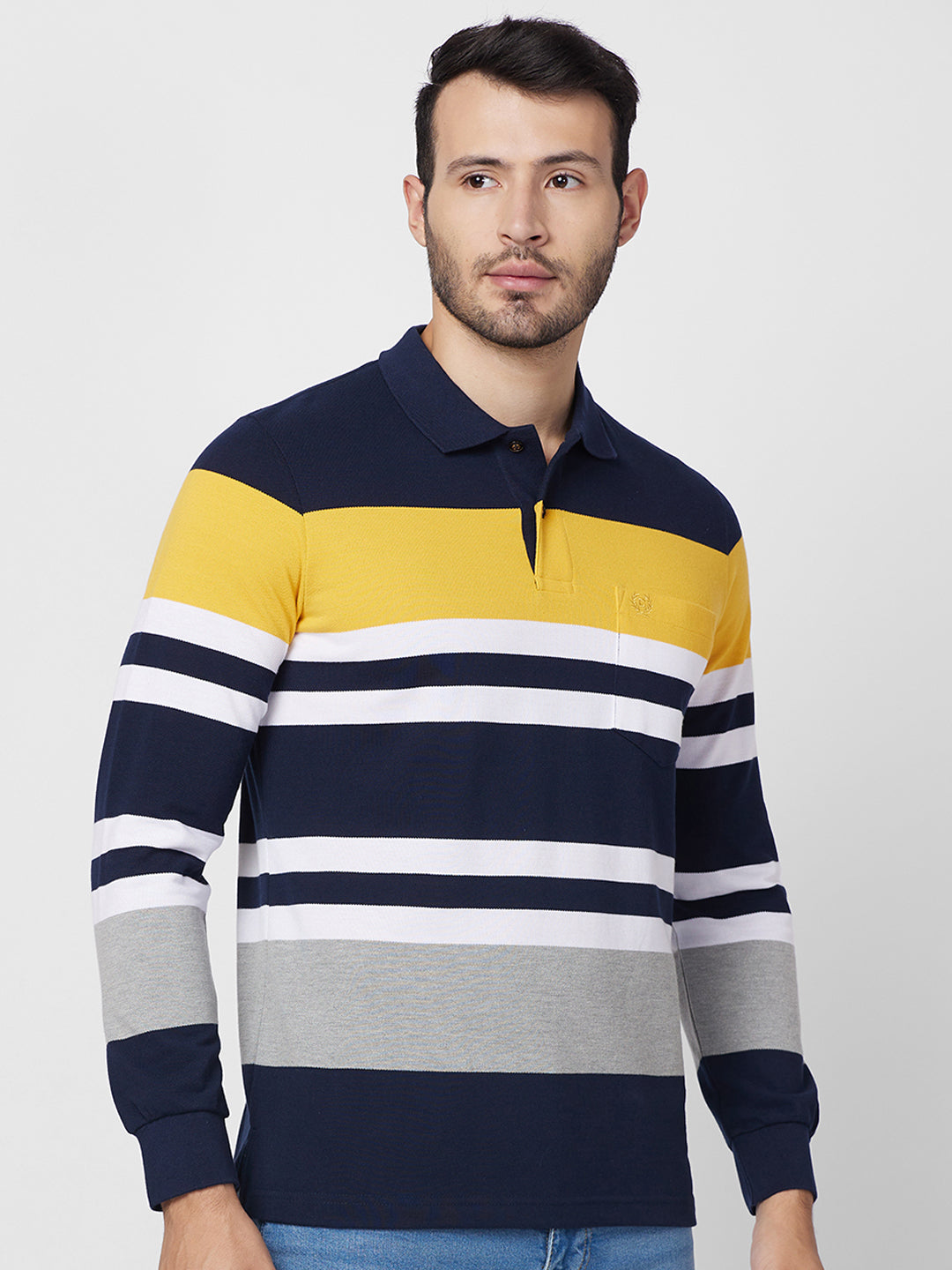 Men's Full Sleeve Striped Pique Polo Cotton Blend T-Shirts