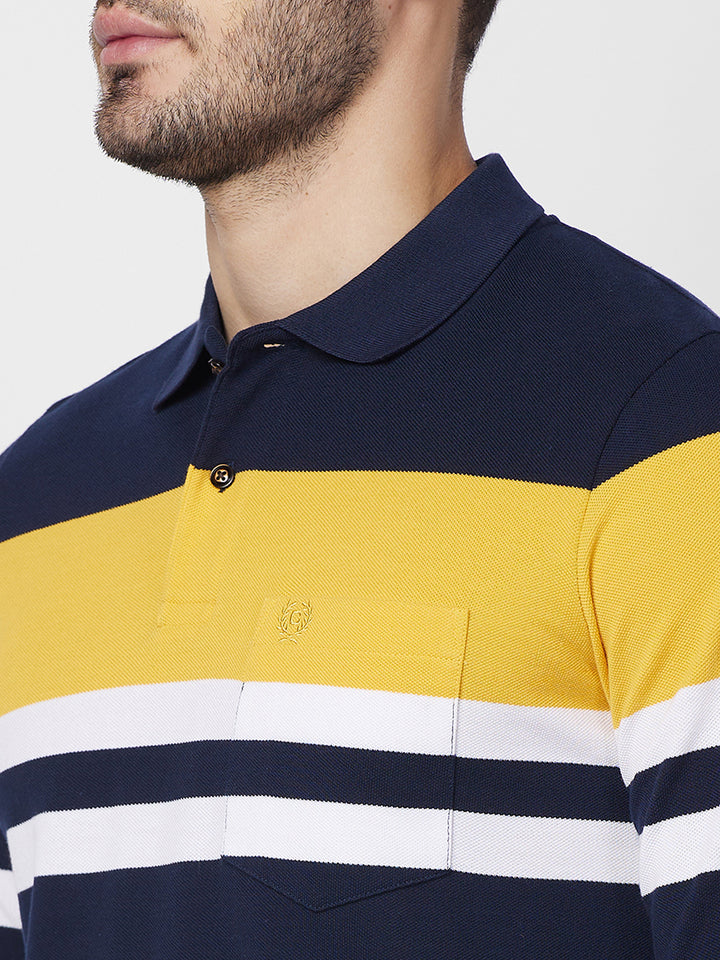 Men's Full Sleeve Striped Pique Polo Cotton Blend T-Shirts