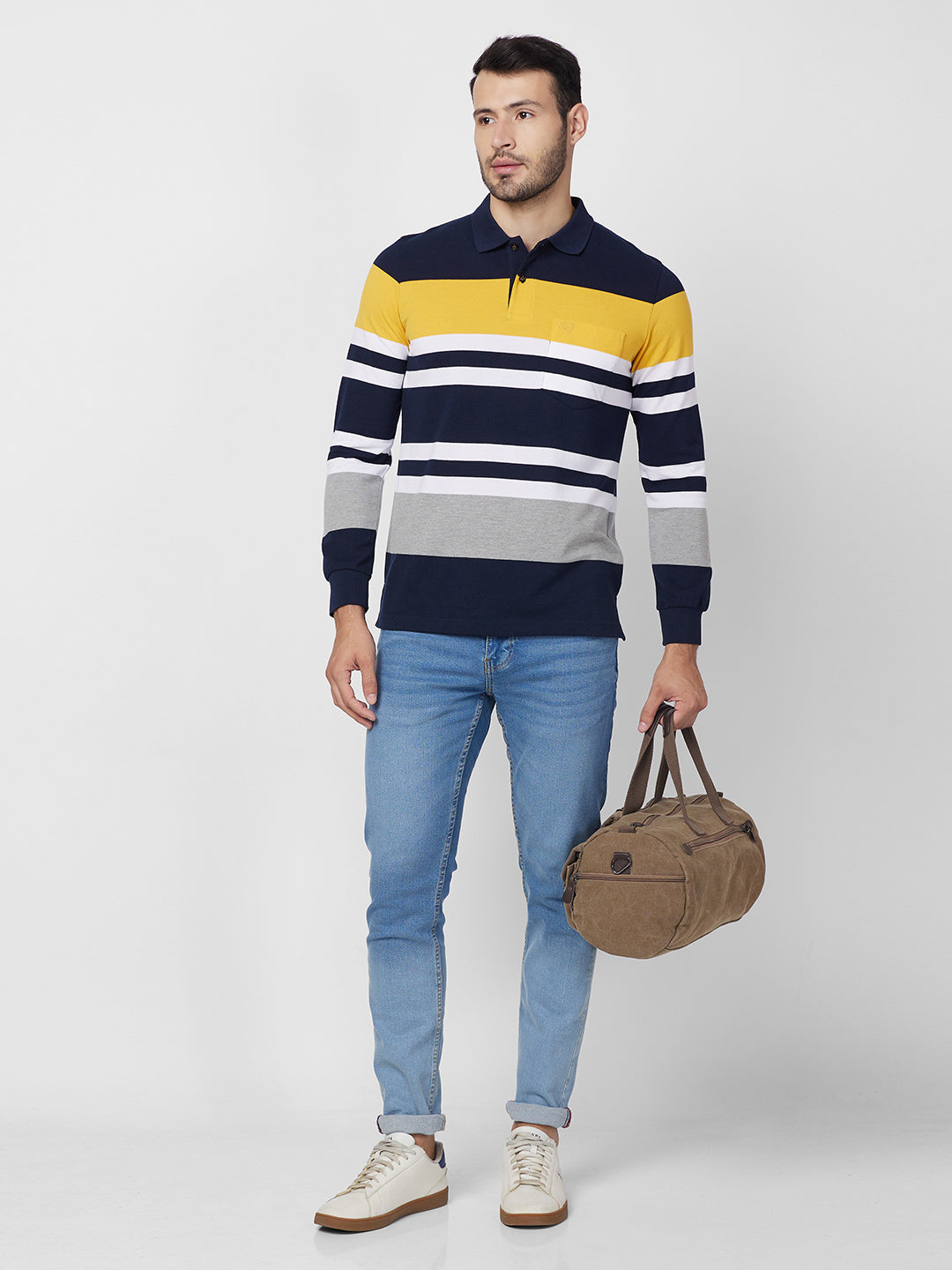 Men's Full Sleeve Striped Pique Polo Cotton Blend T-Shirts