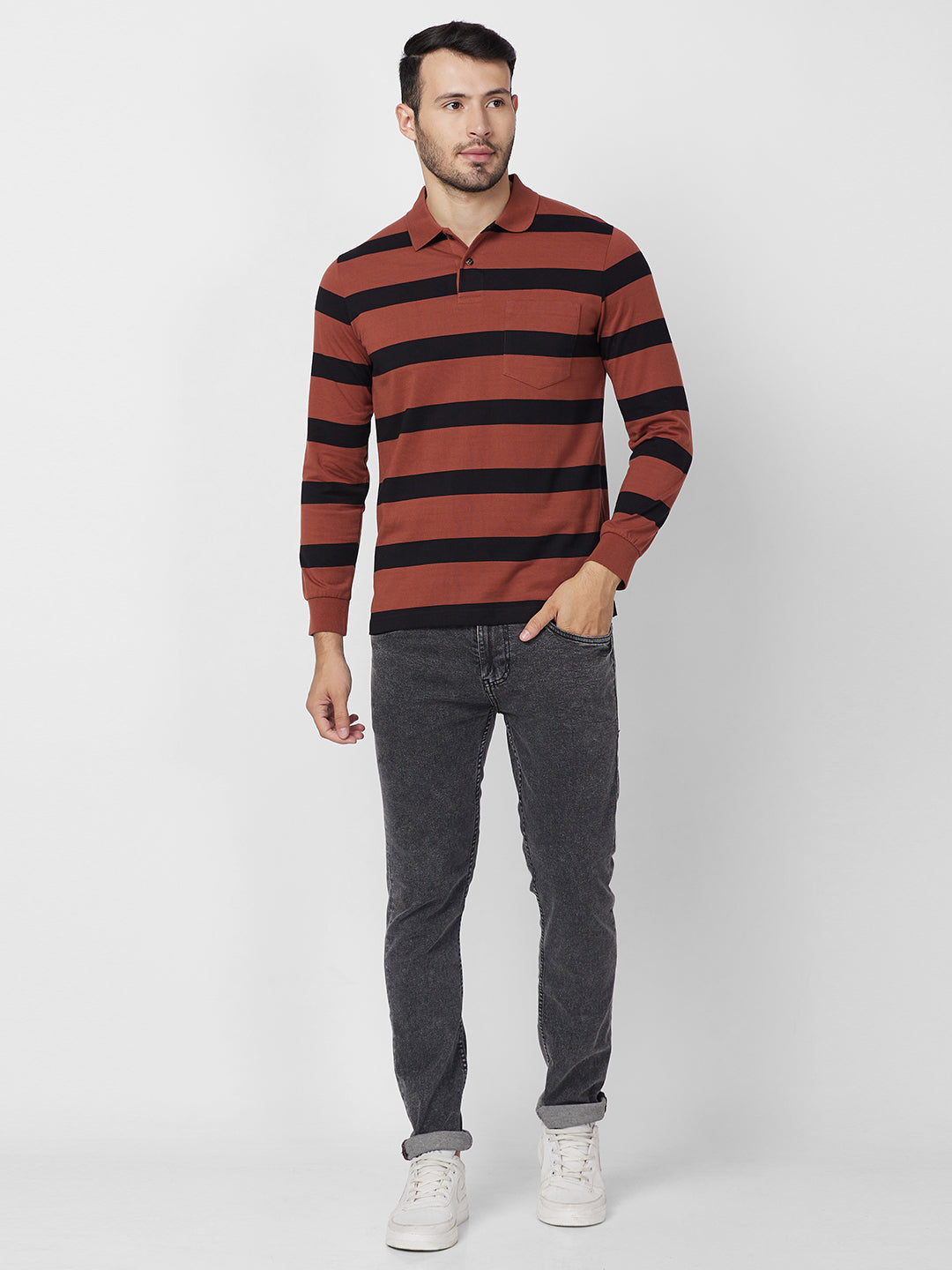 Men's Classic Striped Polo Long Sleeve Cotton Blend T-Shirts