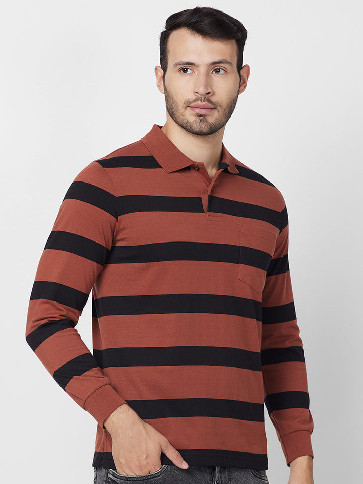 Men's Classic Striped Polo Long Sleeve Cotton Blend T-Shirts