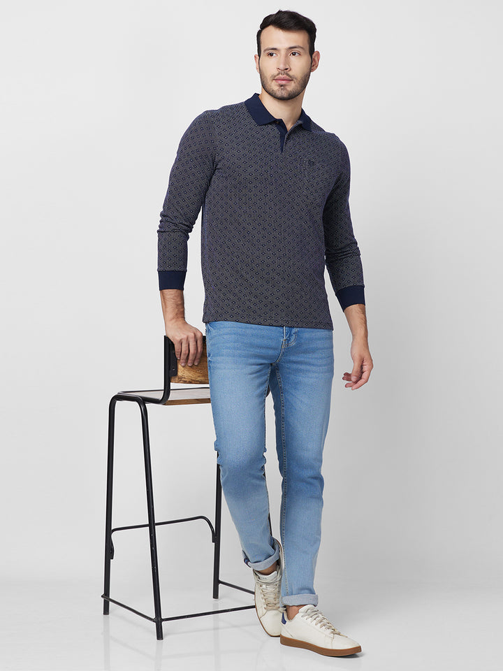 Men's Full-Sleeved Jacquard Polo Cotton Blend Shirt