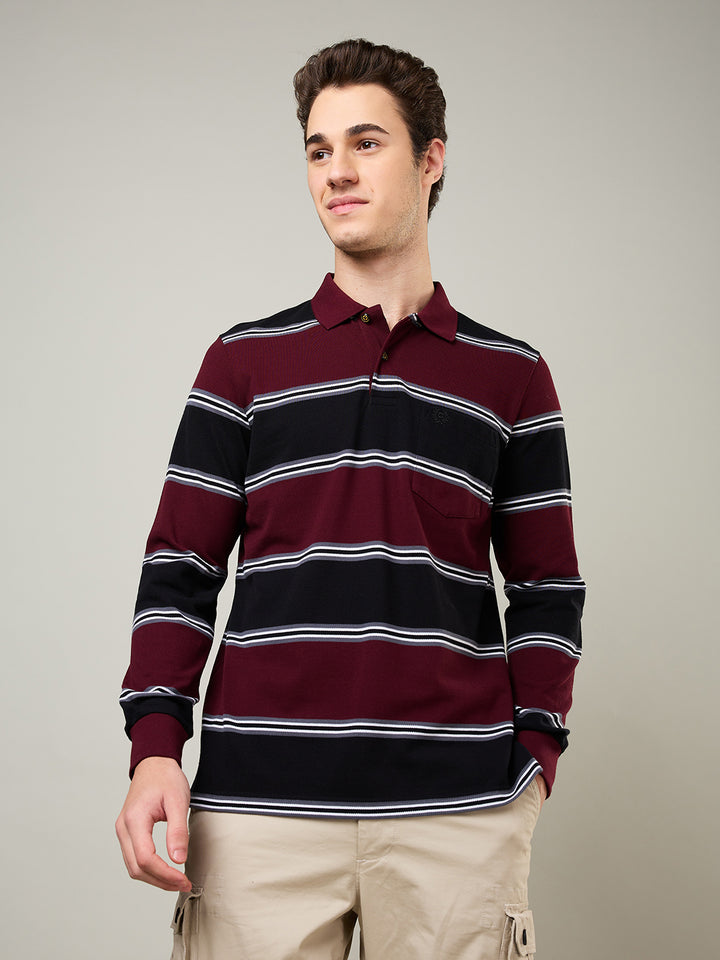 Men's Striped Long-Sleeve Polo Cotton Blend Shirt