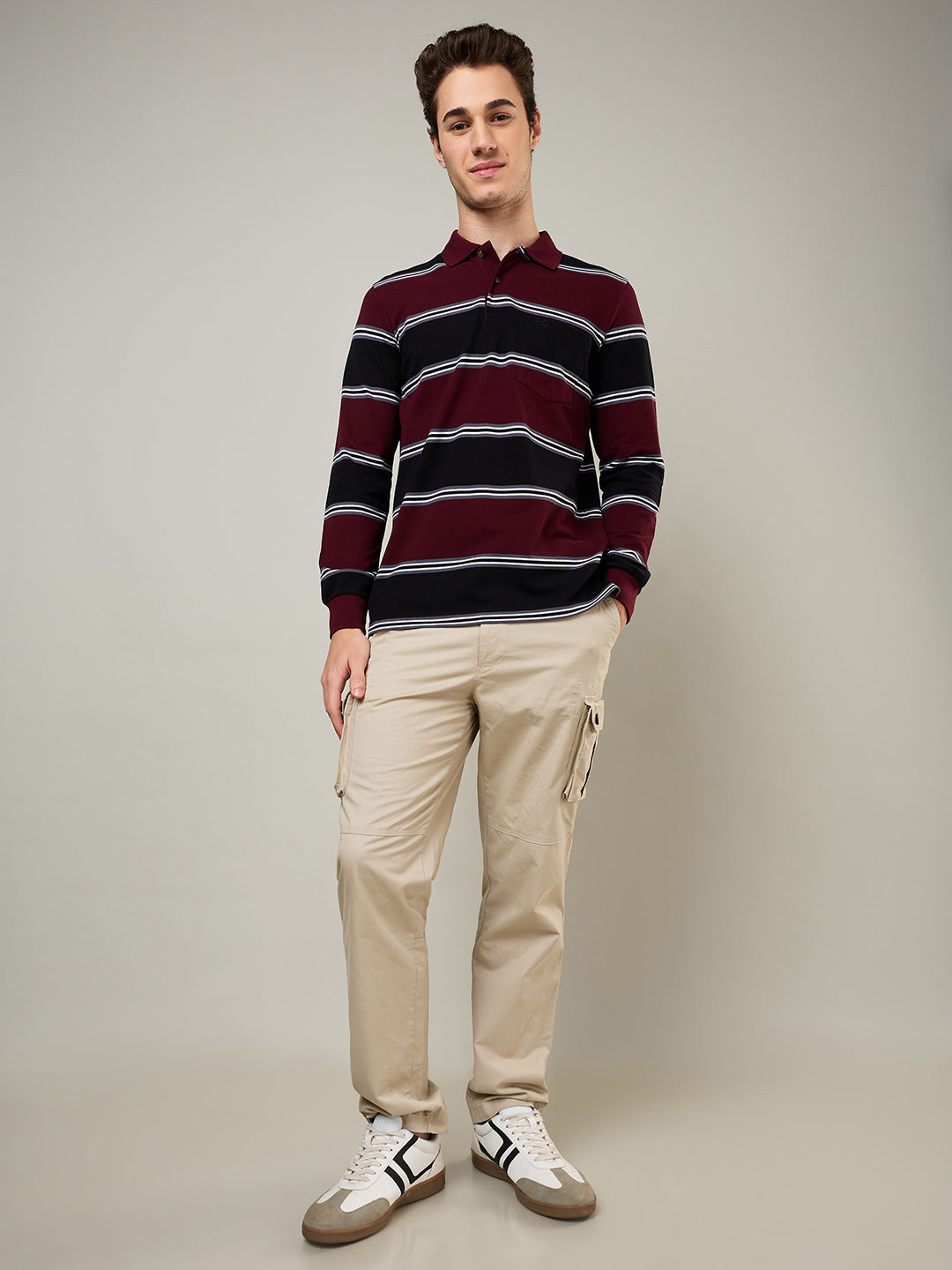 Men's Striped Long-Sleeve Polo Cotton Blend Shirt