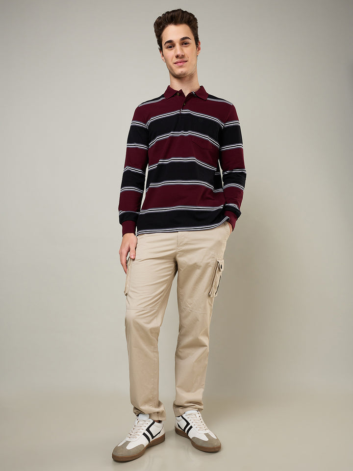 Men's Striped Long-Sleeve Polo Cotton Blend Shirt