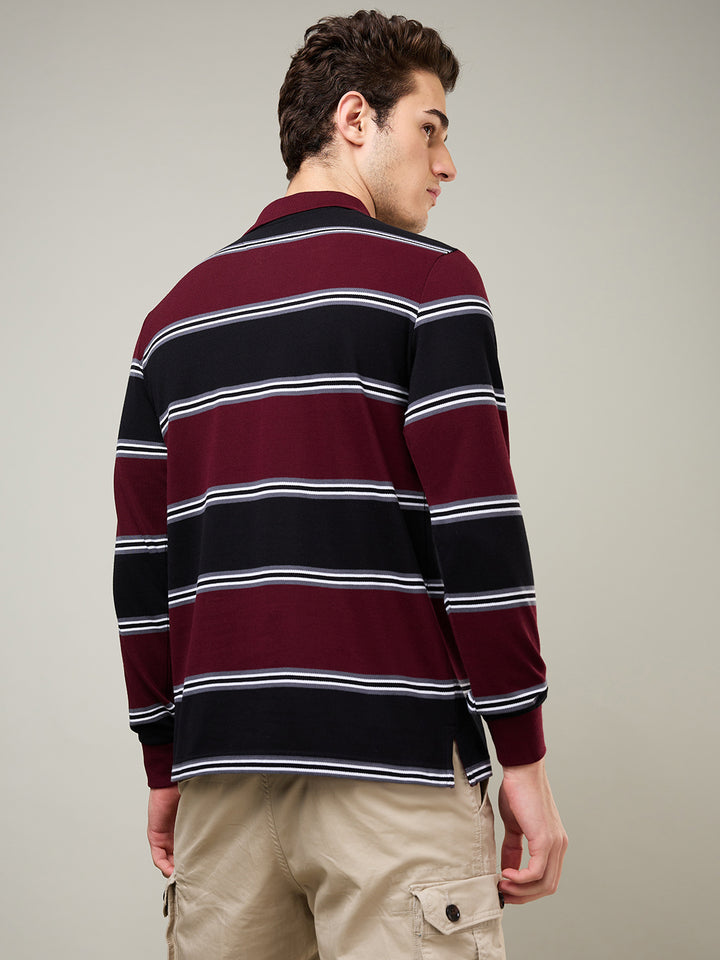 Men's Striped Long-Sleeve Polo Cotton Blend Shirt