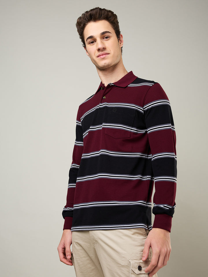 Men's Striped Long-Sleeve Polo Cotton Blend Shirt