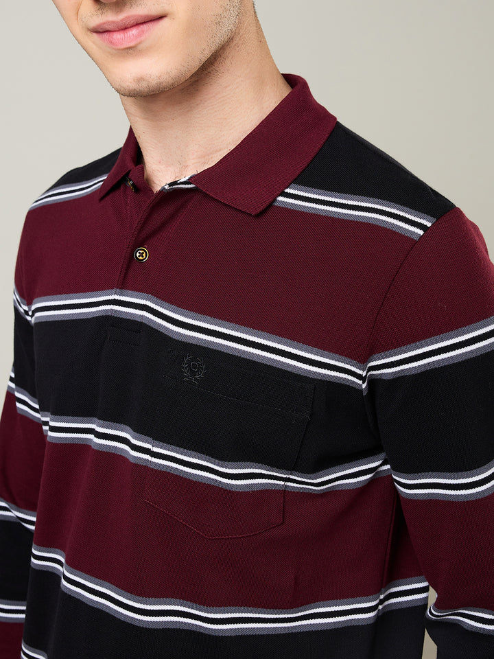 Men's Striped Long-Sleeve Polo Cotton Blend Shirt