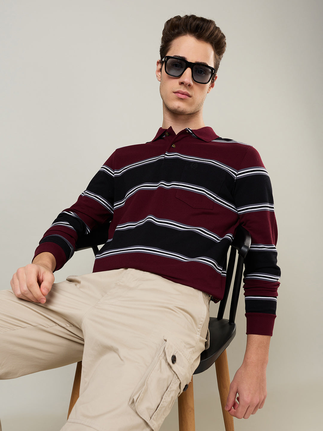 Men's Striped Long-Sleeve Polo Cotton Blend Shirt