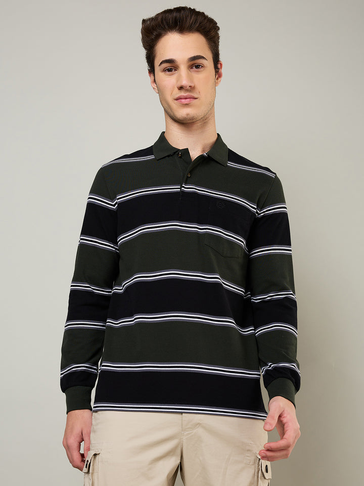 Men's Striped Long-Sleeve Polo Cotton Blend Shirt