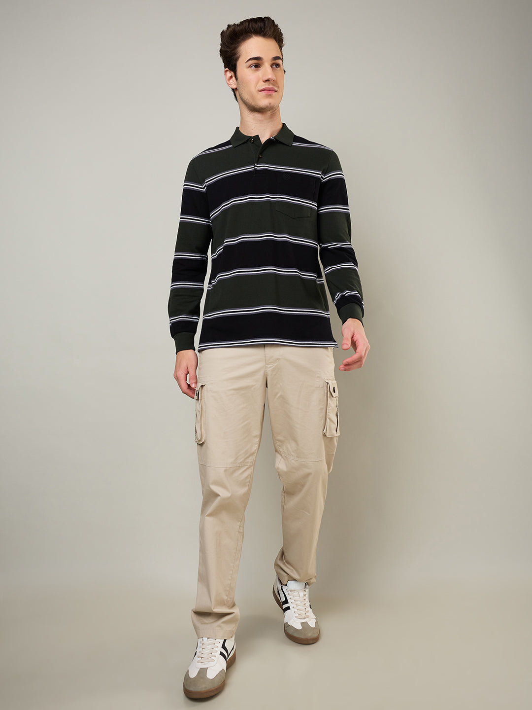 Men's Striped Long-Sleeve Polo Cotton Blend Shirt