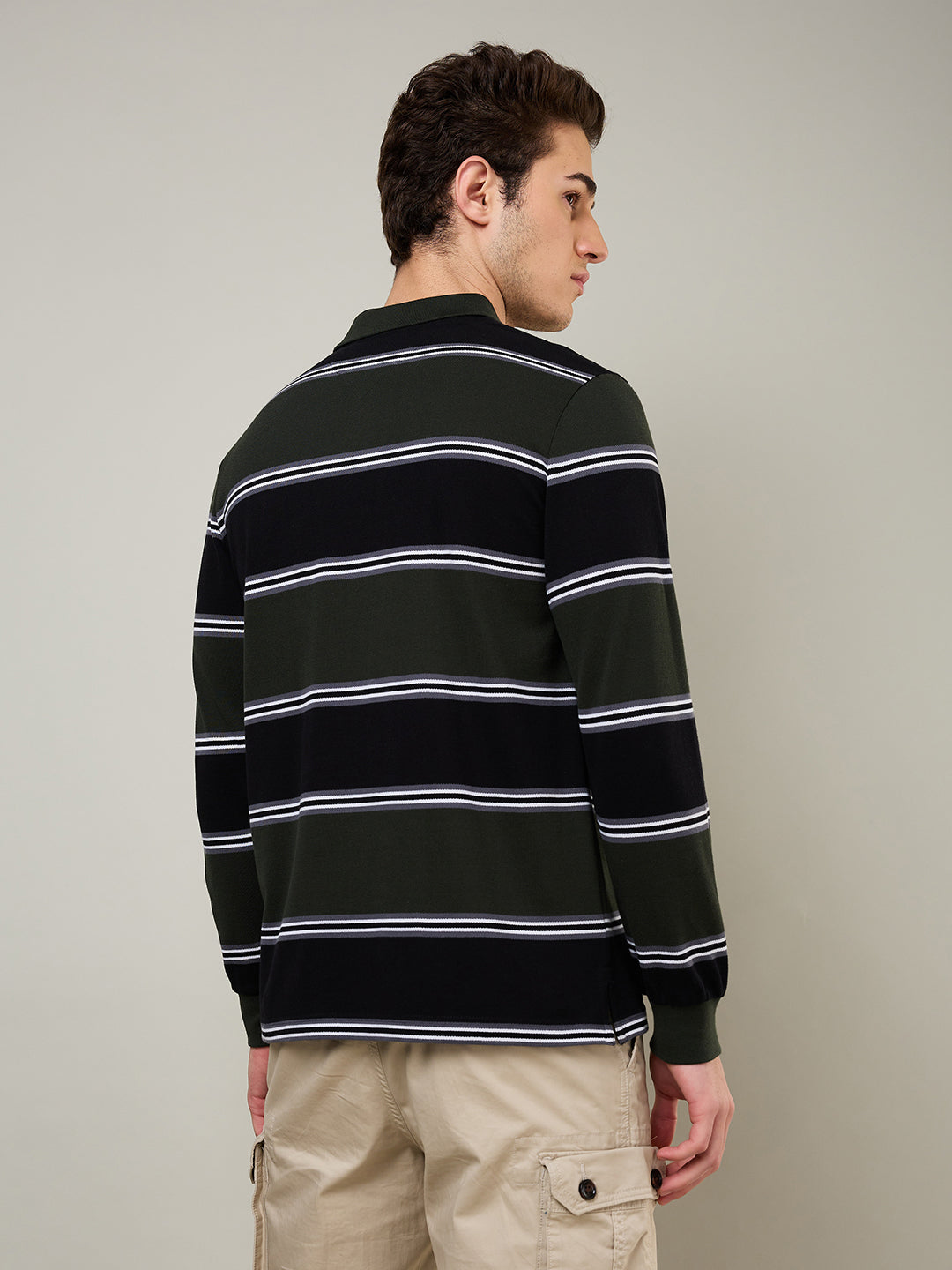 Men's Striped Long-Sleeve Polo Cotton Blend Shirt