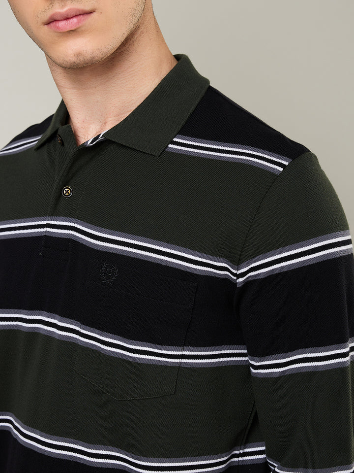 Men's Striped Long-Sleeve Polo Cotton Blend Shirt