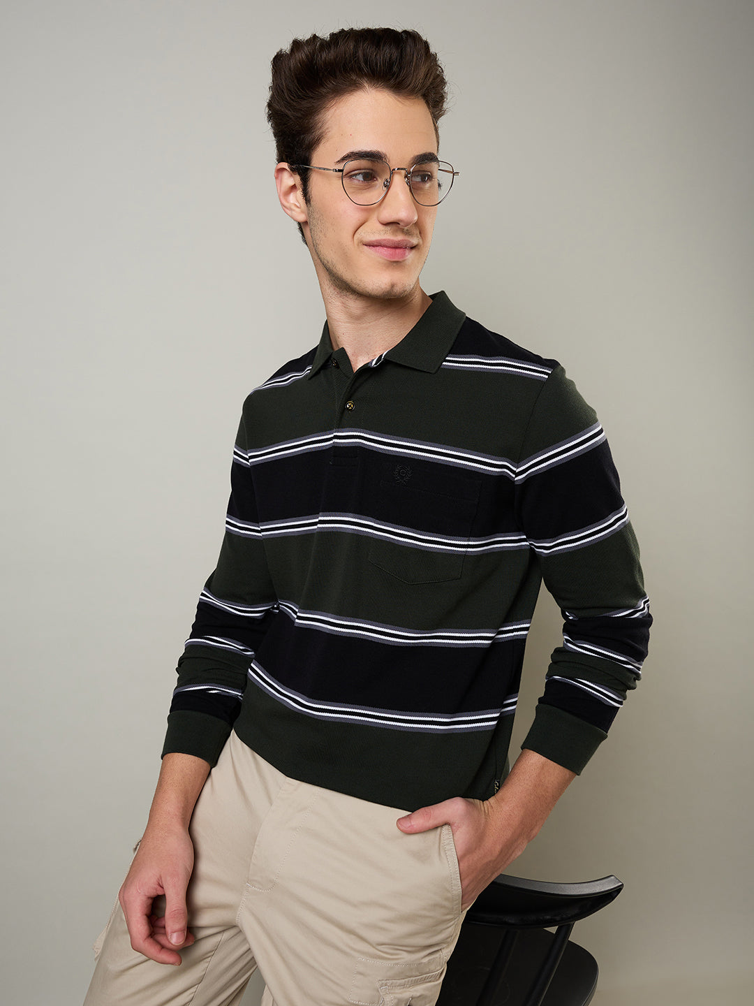 Men's Striped Long-Sleeve Polo Cotton Blend Shirt