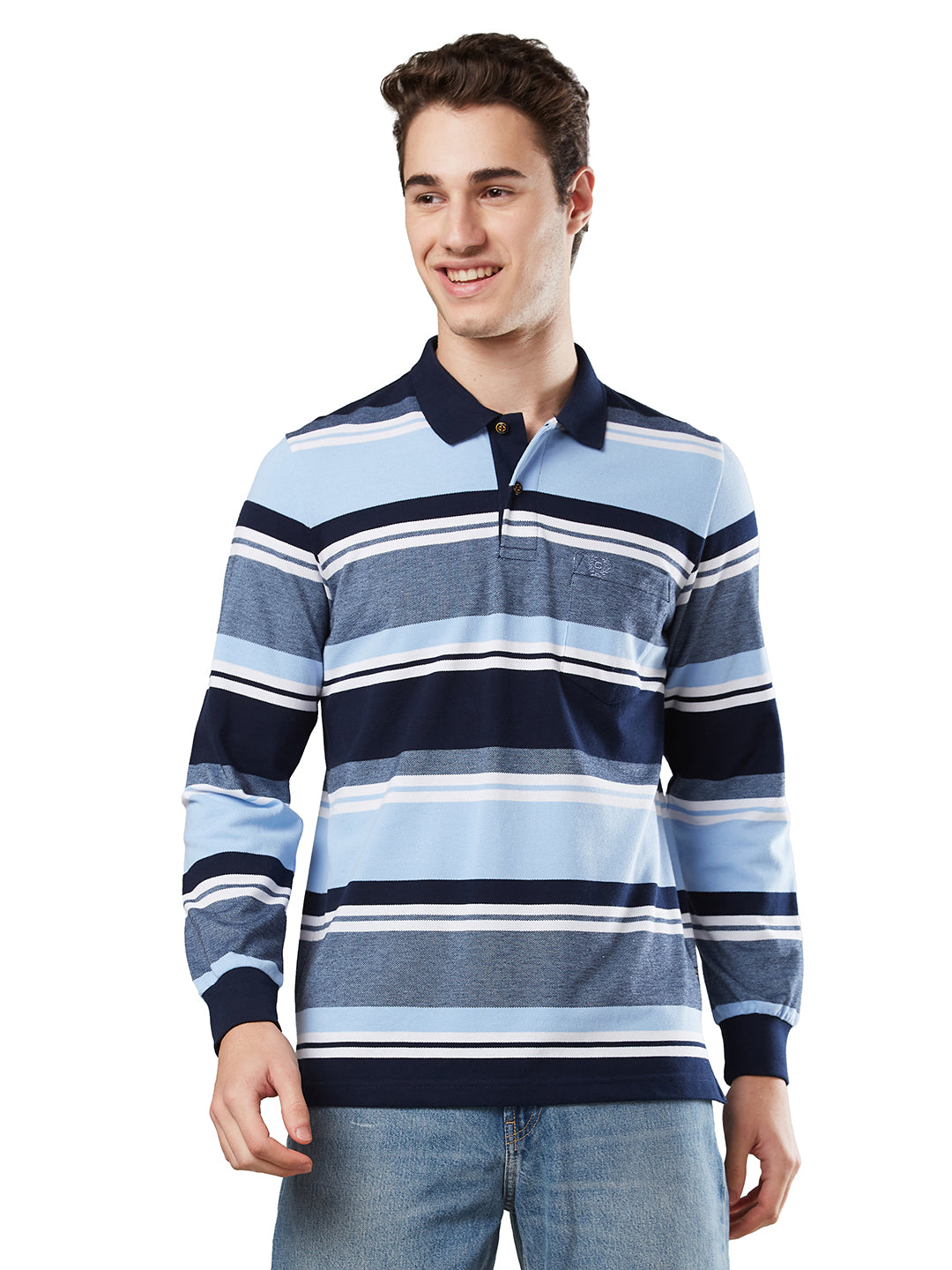 Men’s Striped Polo – Long Sleeve Cotton Blend- T-Shirts