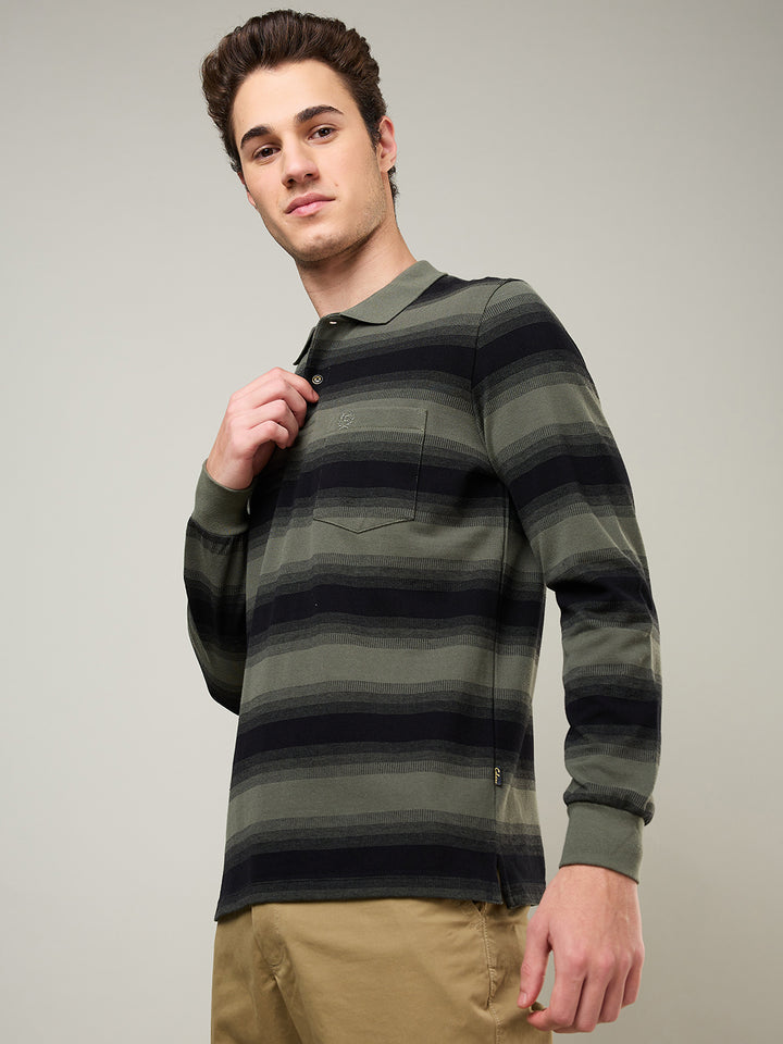 Men’s Striped Polo – Long Sleeve Cotton Blend - T-Shirts