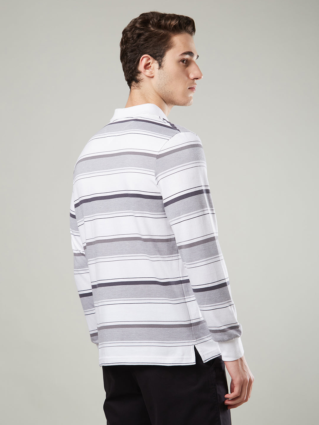Men’s Long Sleeve Single Jersey Striped Polo Cotton Blend Shirt
