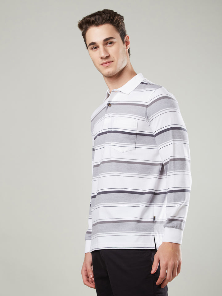 Men’s Long Sleeve Single Jersey Striped Polo Cotton Blend Shirt