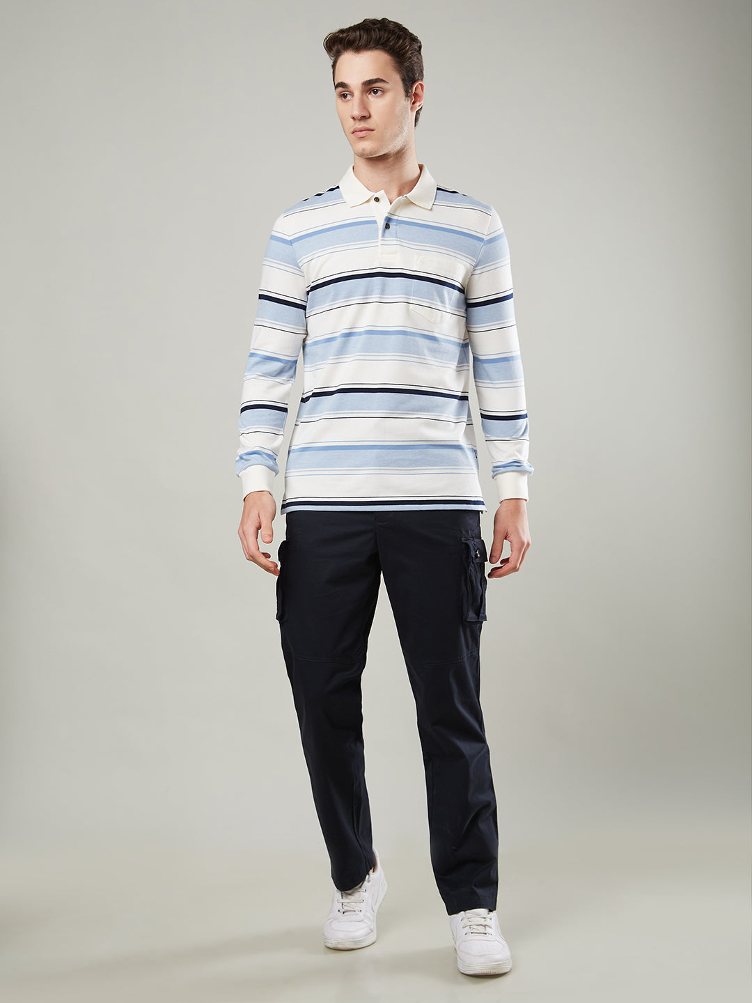 Men’s Long Sleeve Single Jersey Striped Polo Cotton Blend Shirt