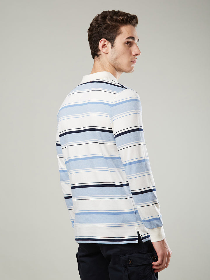 Men’s Long Sleeve Single Jersey Striped Polo Cotton Blend Shirt