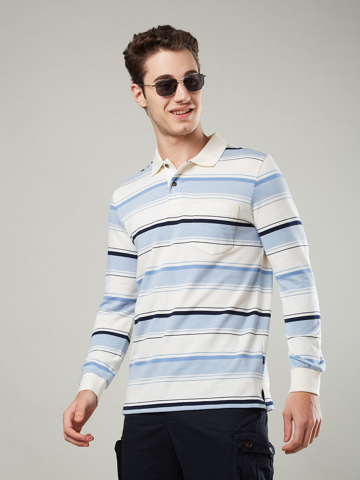 Men’s Long Sleeve Single Jersey Striped Polo Cotton Blend Shirt