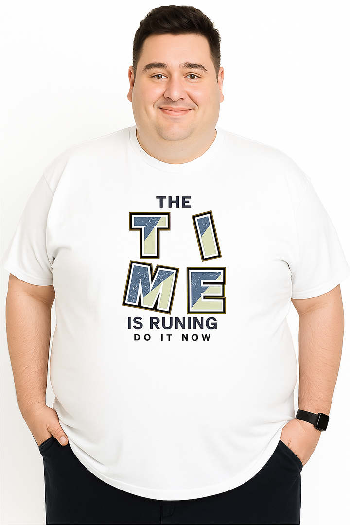 Men’s  Printed Round Neck Tee – “The Time is Running” - Big & Tall