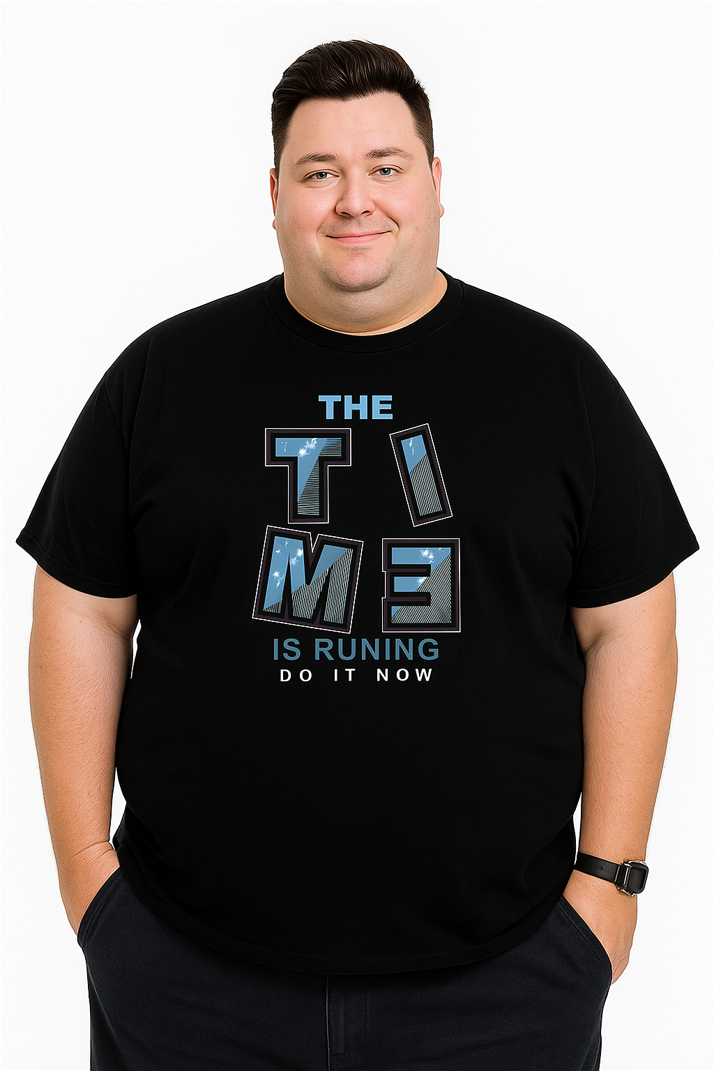 Men’s  Printed Round Neck Tee – “The Time is Running” - Big & Tall