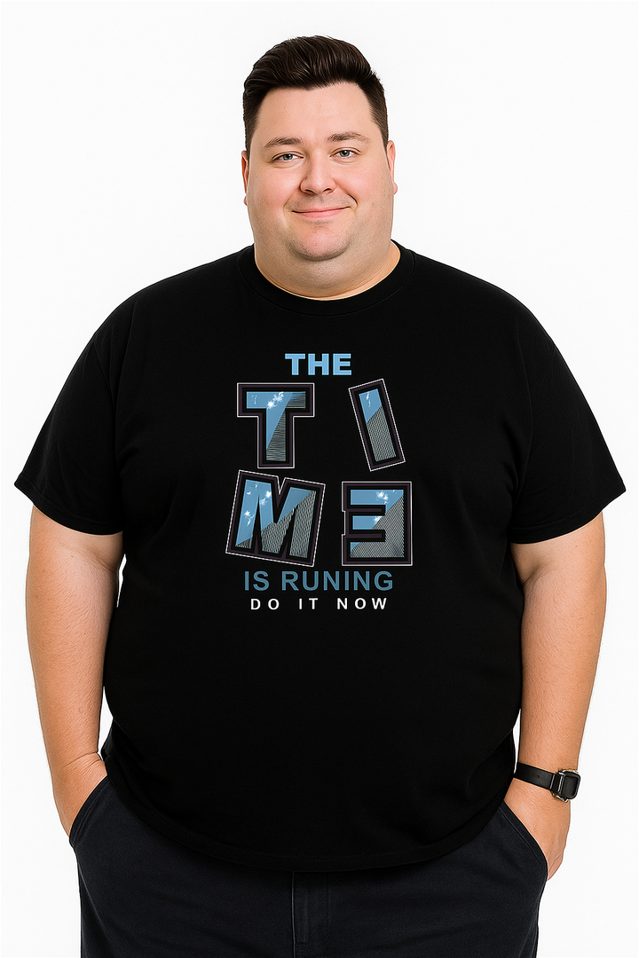 Men’s  Printed Round Neck Tee – “The Time is Running” - Big & Tall