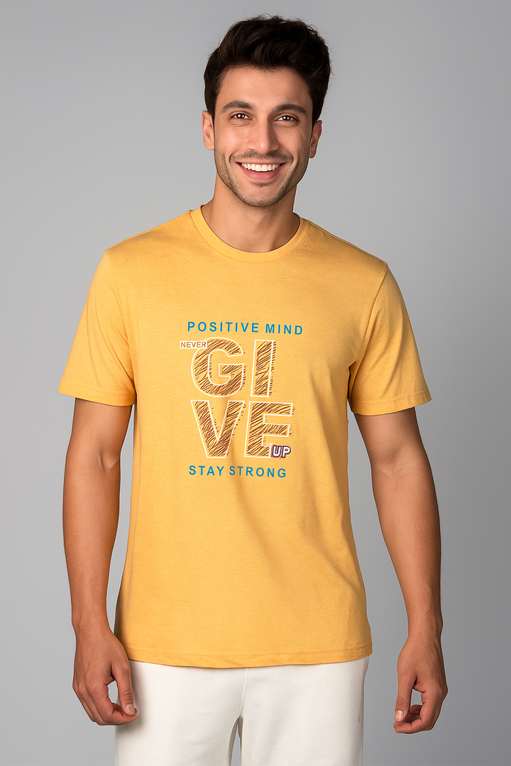 Men’s Printed Round Neck Tee – “Never Give Up Stay Strong”
