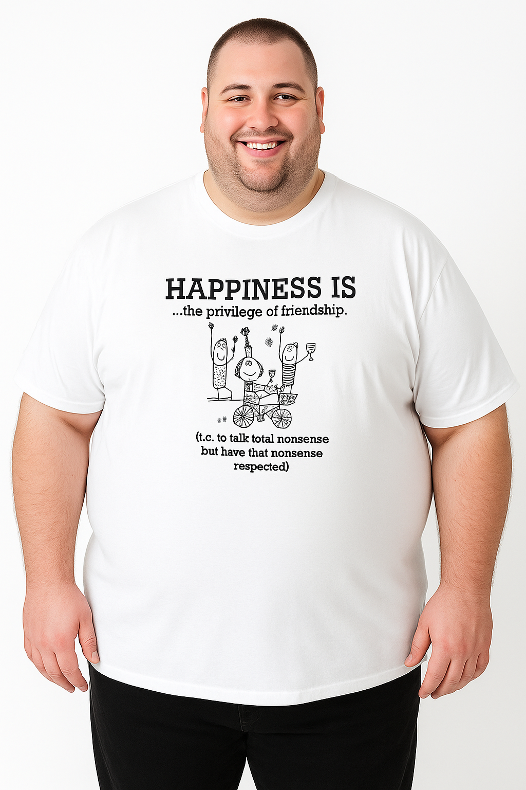 Men’s Printed Round Neck Tee – “Happiness Is Friendship” – Big & Tall