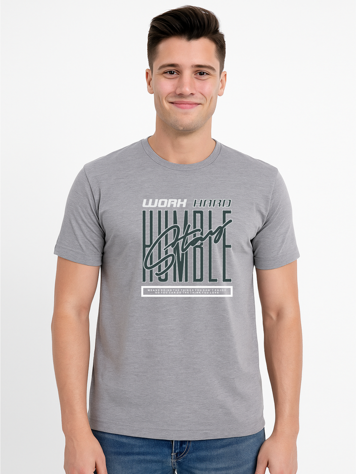 Men’s  Printed Round Neck Tee – “Work Hard Stay Humble”