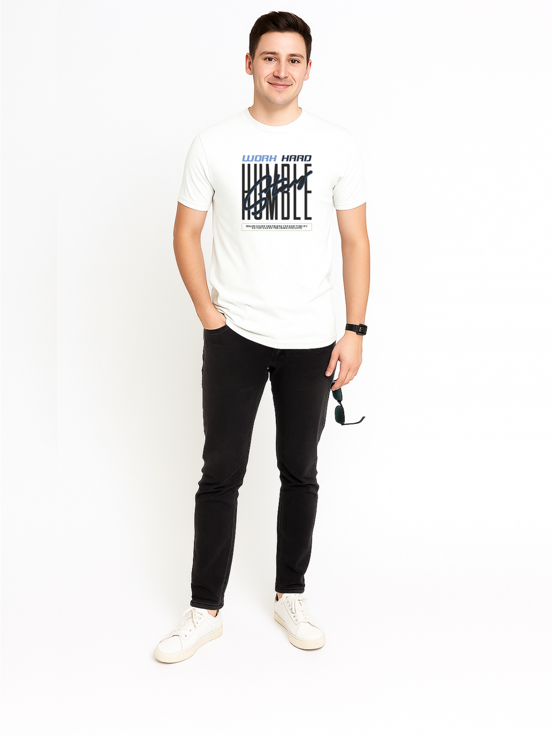 Men’s  Printed Round Neck Tee – “Work Hard Stay Humble”