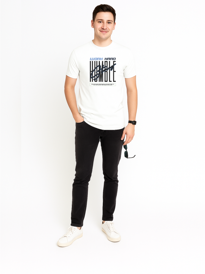 Men’s  Printed Round Neck Tee – “Work Hard Stay Humble”