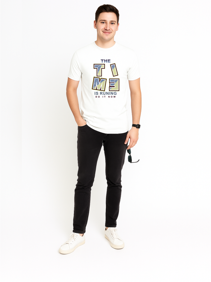 Men’s  Printed Round Neck Tee – “The Time is Running” Motivational